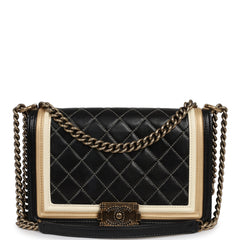 Pre-owned Chanel Medium "Paris-Versailles" Boy Bag Black, Gold, White Lambskin Antique Gold Hardware