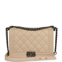 Pre-owned Chanel Medium "Wild Stitch" Boy Bag Beige Aged Calfskin Aged Ruthenium Hardware