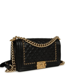 Pre-owned Chanel Medium Boy Bag Black Aged Calfskin Antique Gold Hardware