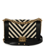 Pre-owned Chanel Medium Braided Chevron Boy Bag Black & White Fabric, Black Calfskin Antique Gold Hardware - Thumbnail View 1