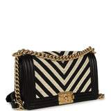 Pre-owned Chanel Medium Braided Chevron Boy Bag Black & White Fabric, Black Calfskin Antique Gold Hardware - Thumbnail View 2