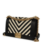 Pre-owned Chanel Medium Braided Chevron Boy Bag Black & White Fabric, Black Calfskin Antique Gold Hardware - Thumbnail View 5