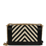 Pre-owned Chanel Medium Braided Chevron Boy Bag Black & White Fabric, Black Calfskin Antique Gold Hardware - Thumbnail View 4