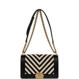 Pre-owned Chanel Medium Braided Chevron Boy Bag Black & White Fabric, Black Calfskin Antique Gold Hardware - Thumbnail View 7