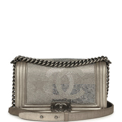 Pre-owned Chanel "Paris-Dallas" Strass Medium Boy Bag Dark Khaki Iridescent Calfskin Aged Ruthenium Hardware