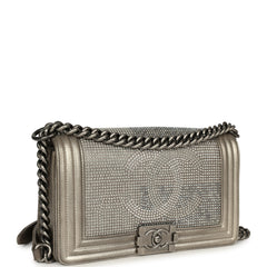 Pre-owned Chanel "Paris-Dallas" Strass Medium Boy Bag Dark Khaki Iridescent Calfskin Aged Ruthenium Hardware