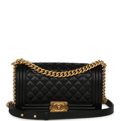 Pre-owned Chanel Medium Boy Bag Black Caviar Antique Gold Hardware