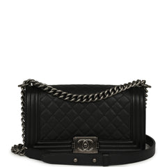 Pre-owned Chanel Medium Boy Bag Black Caviar Aged Ruthenium Hardware