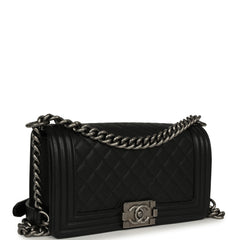 Pre-owned Chanel Medium Boy Bag Black Caviar Aged Ruthenium Hardware