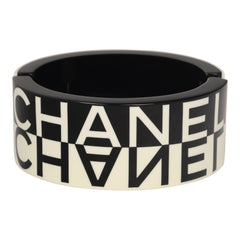 Chanel Logo Hinged Bangle Bracelet Black, White Resin Silver Hardware