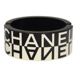 Chanel Logo Hinged Bangle Bracelet Black, White Resin Silver Hardware - Thumbnail View 1