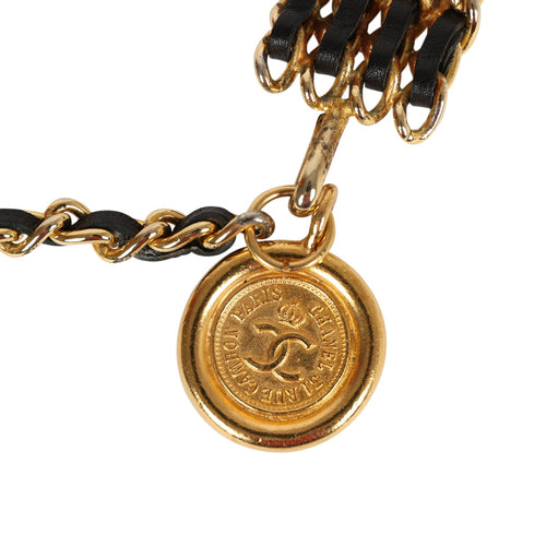 Vintage Chanel 24K Gold Plated Quadruple Layered Chain Belt Black Leather
