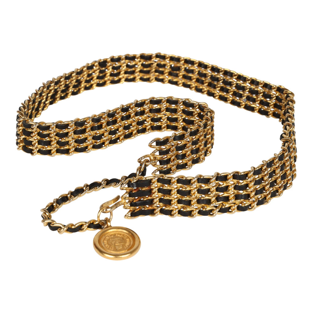 Vintage Chanel 24K Gold Plated Quadruple Layered Chain Belt Black Leat