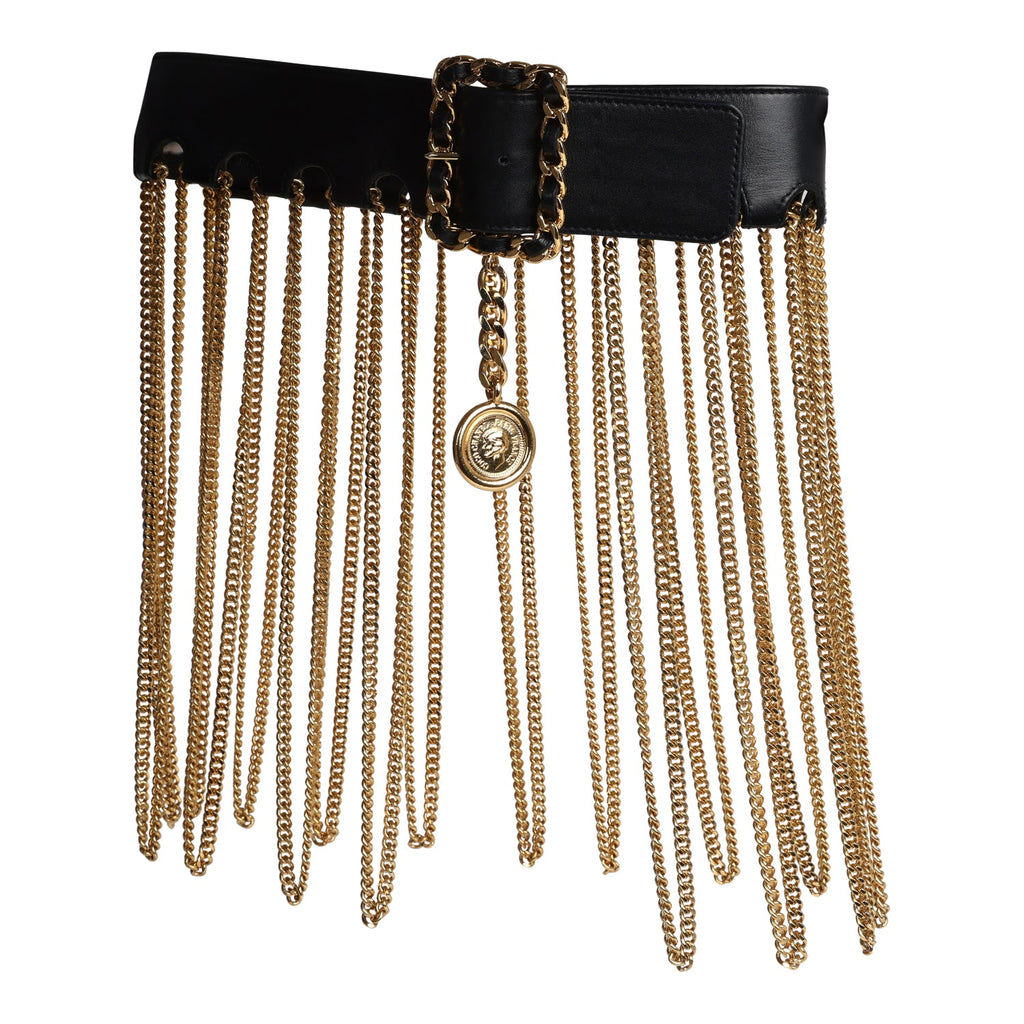 Vintage Chanel 24K Gold Plated Fringe Chain Leather Belt Black Leather Vintage Chanel 24K Gold Plated Fringe Chain Leather Belt Black Leather