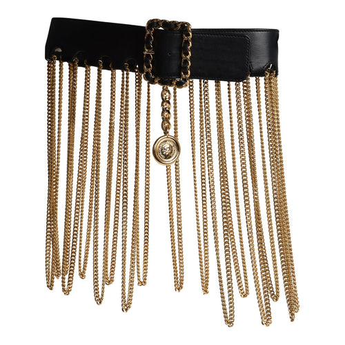 Vintage Chanel 24K Gold Plated Fringe Chain Leather Belt Black Leather