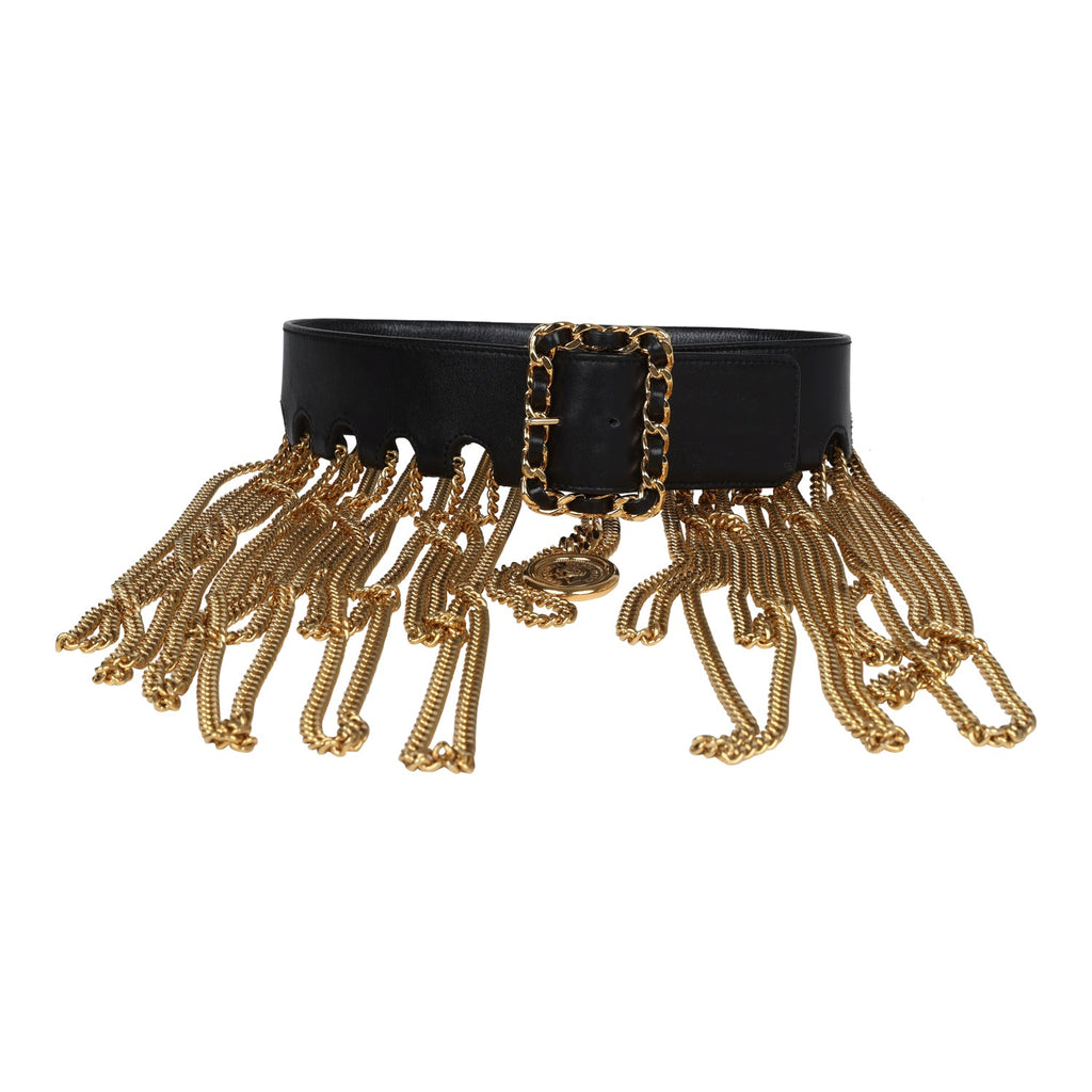 Vintage Chanel 24K Gold Plated Fringe Chain Leather Belt Black Leather