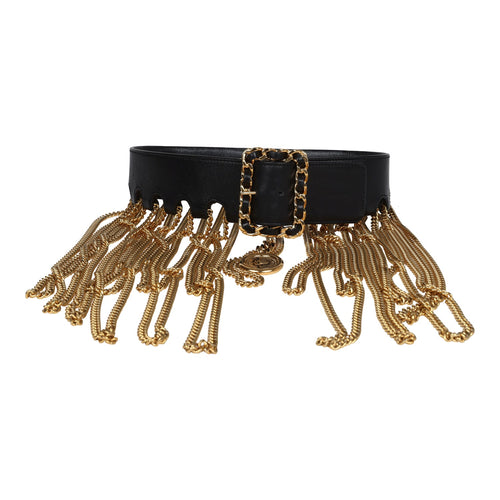 Vintage Chanel 24K Gold Plated Fringe Chain Leather Belt Black Leather