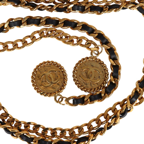 Vintage Chanel 24K Gold Plated CC Medallion Chainlink Leather Belt Black Leather