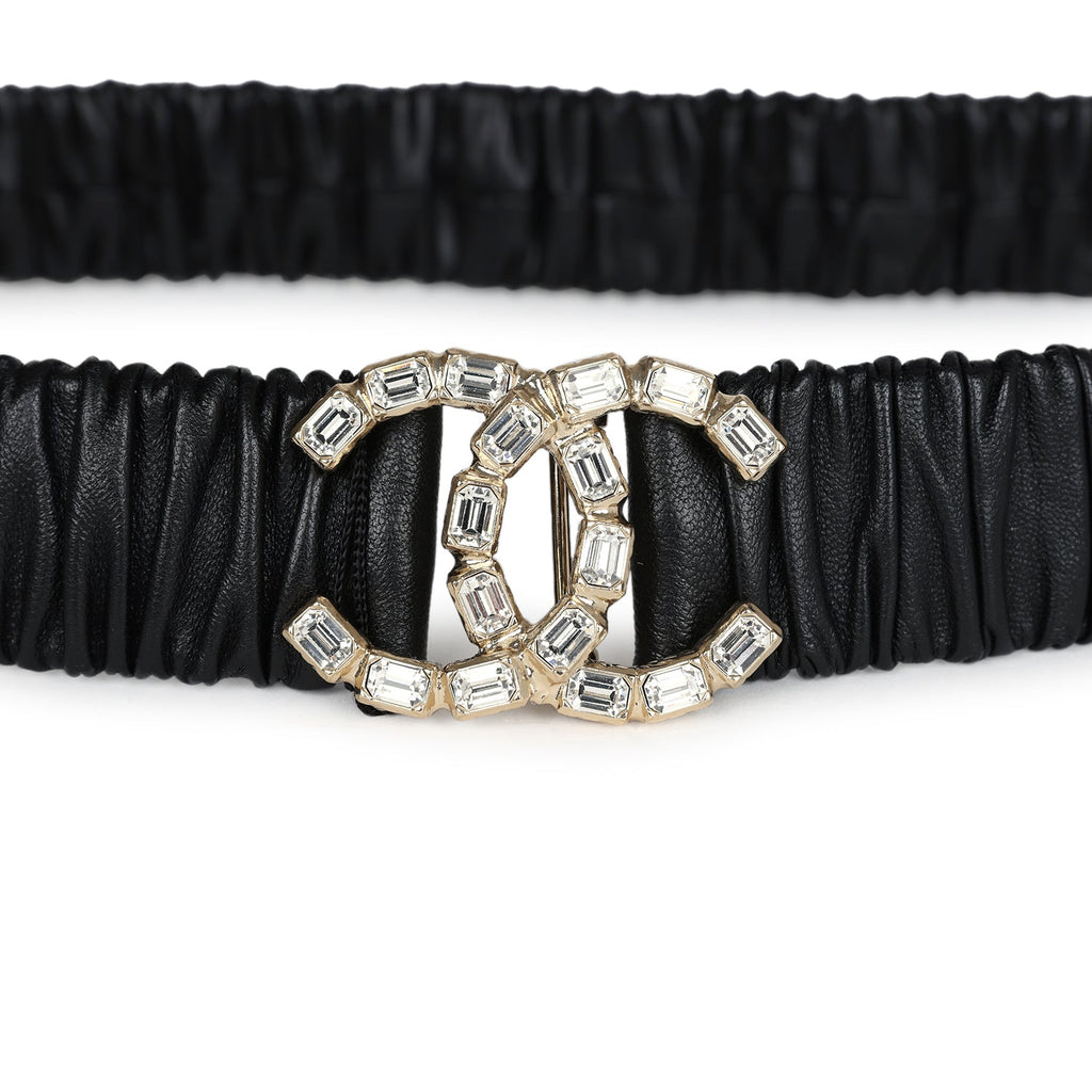 Chanel CC Ruched Leather Belt Black Calfskin Crystal Light Gold Hardwa