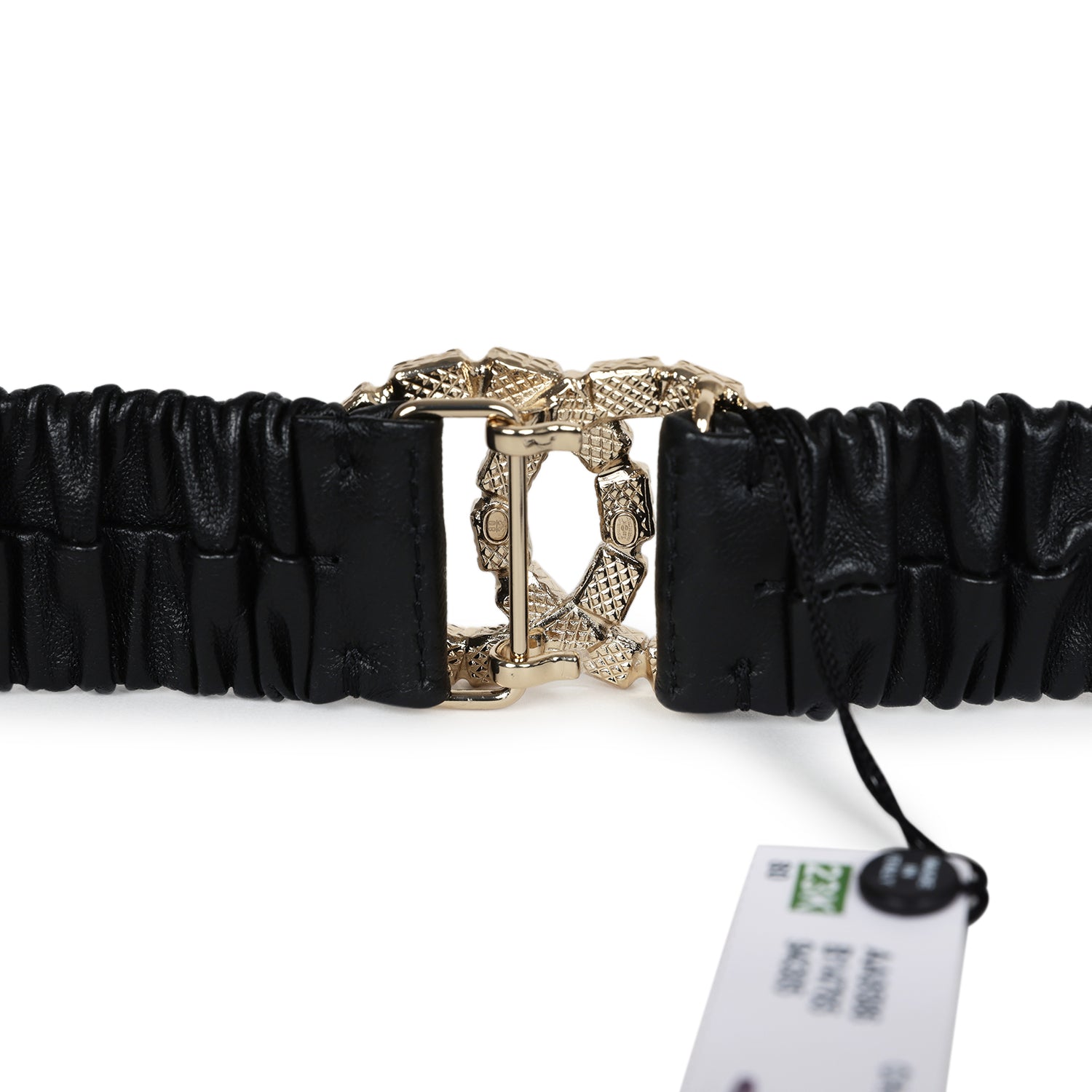 Chanel CC Ruched Leather Belt Black Calfskin Crystal Light Gold Hardwa