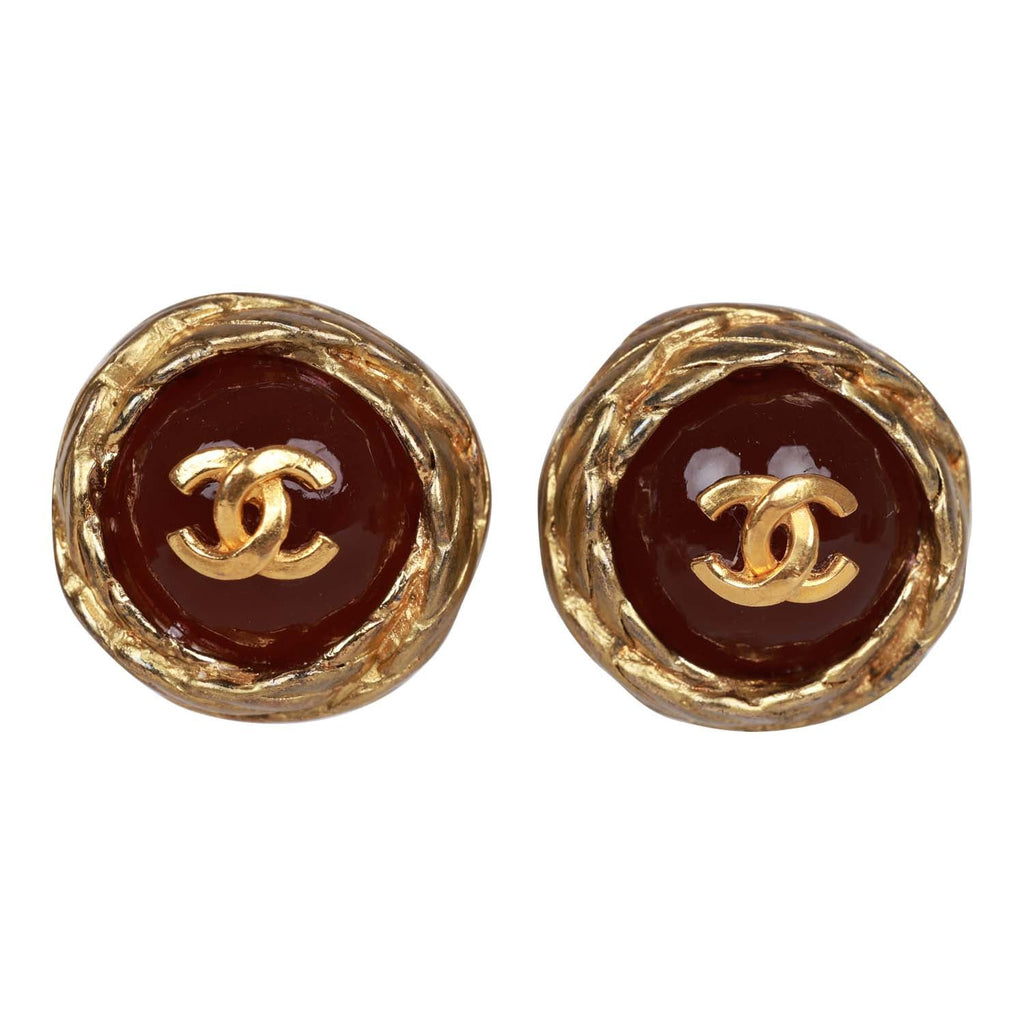 Vintage Chanel Gold CC Red Gripoix Stud Earrings