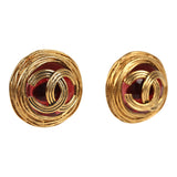 Vintage Chanel 24K Gold Plated Red Gripoix CC Earrings