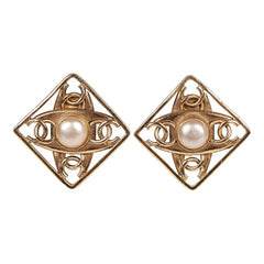 Vintage Chanel 24K Gold Plated CC Square Pearl Earrings