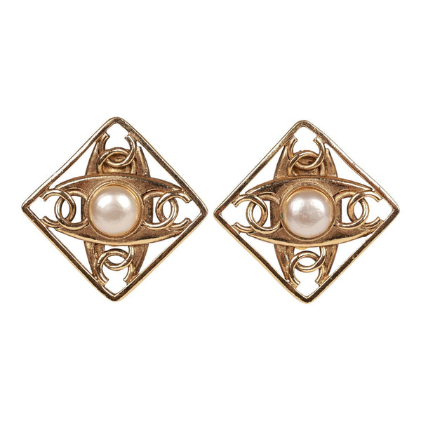 Vintage Chanel Gold Tone CC Square Pearl Earrings – Madison