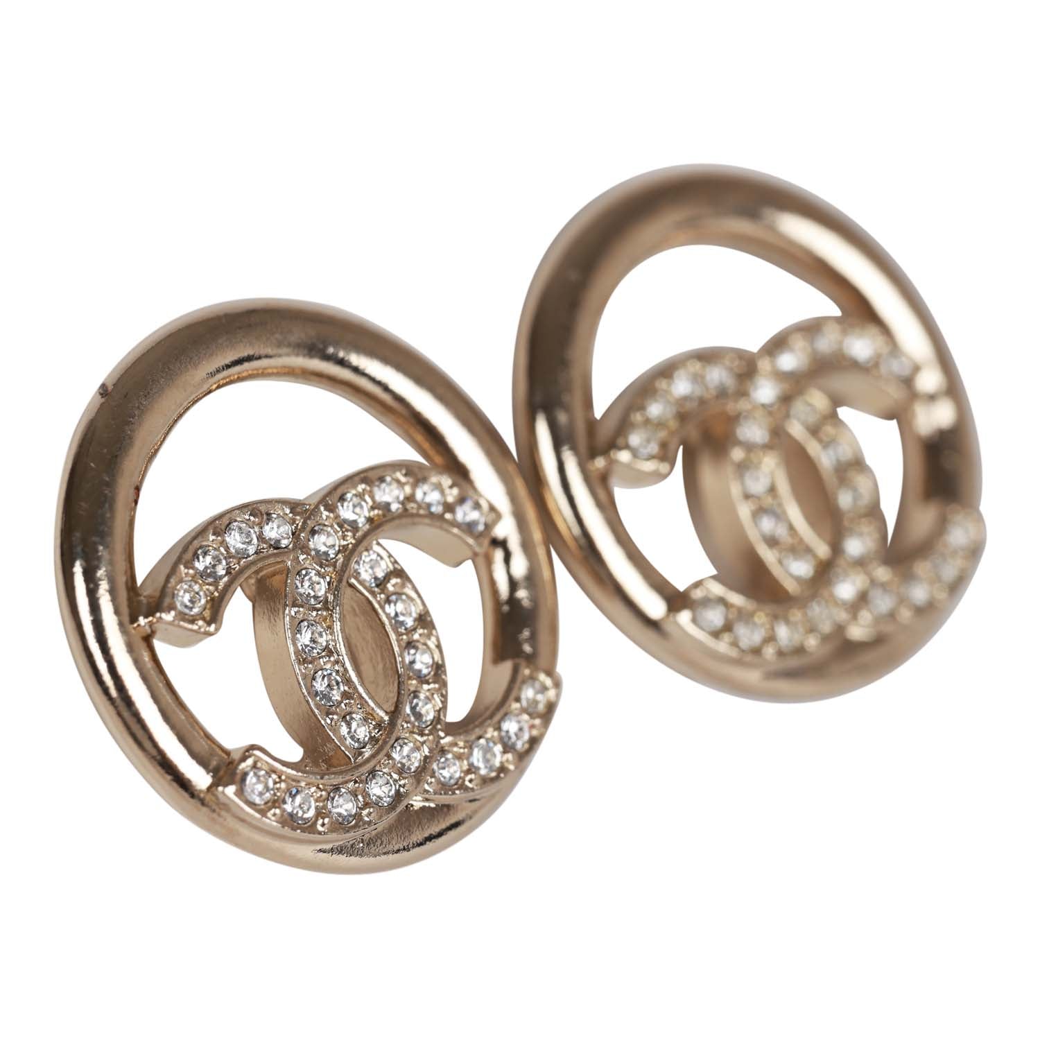 Chanel Gold Circle CC Logo Faux Crystal Stud Earrings Madison Avenue
