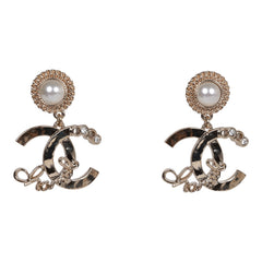 Chanel Light Gold Faux Pearl Crystal Coco Script CC Drop Earrings