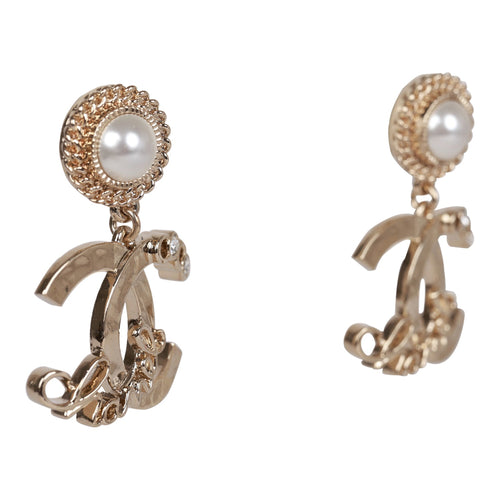 Chanel Light Gold Faux Pearl Crystal Coco Script CC Drop Earrings