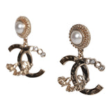 Chanel Light Gold Faux Pearl Crystal Coco Script CC Drop Earrings