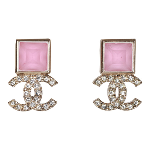 Chanel 95A Crystal Studded Silver Classic Turnlock Stud Earrings