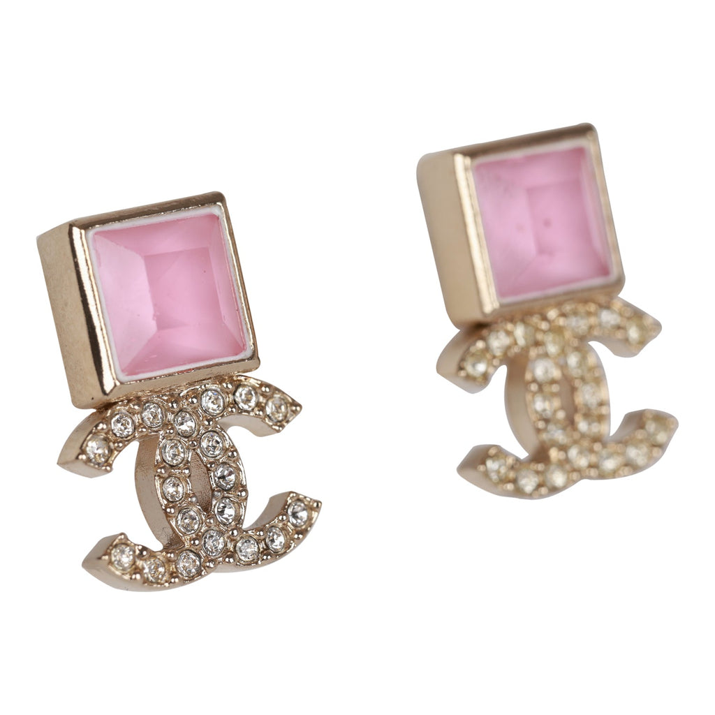 Chanel CC Pink Square Crystal Stud Earrings