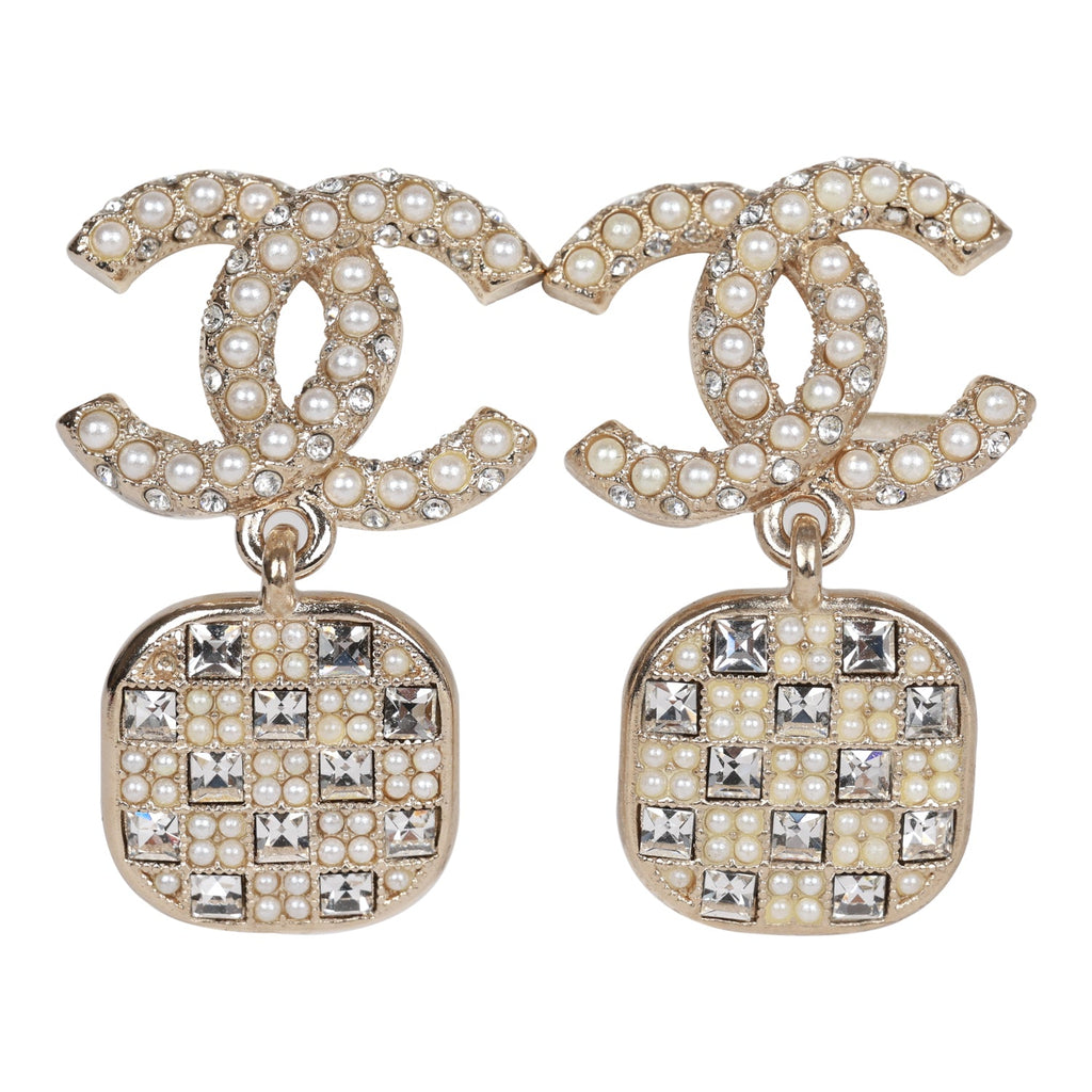 Chanel CC Faux Pearl Crystal Square Drop Earrings – Madison Avenue Couture