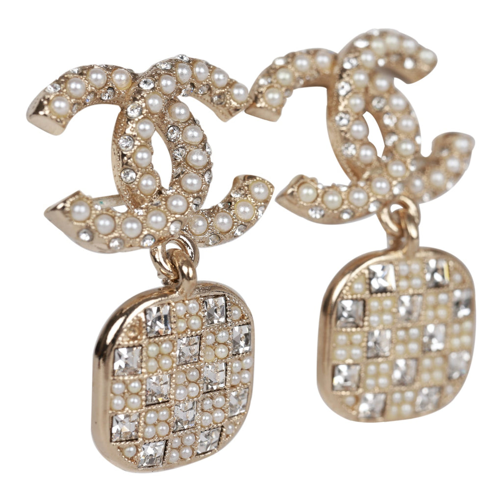 Chanel CC Faux Pearl Crystal Square Drop Earrings
