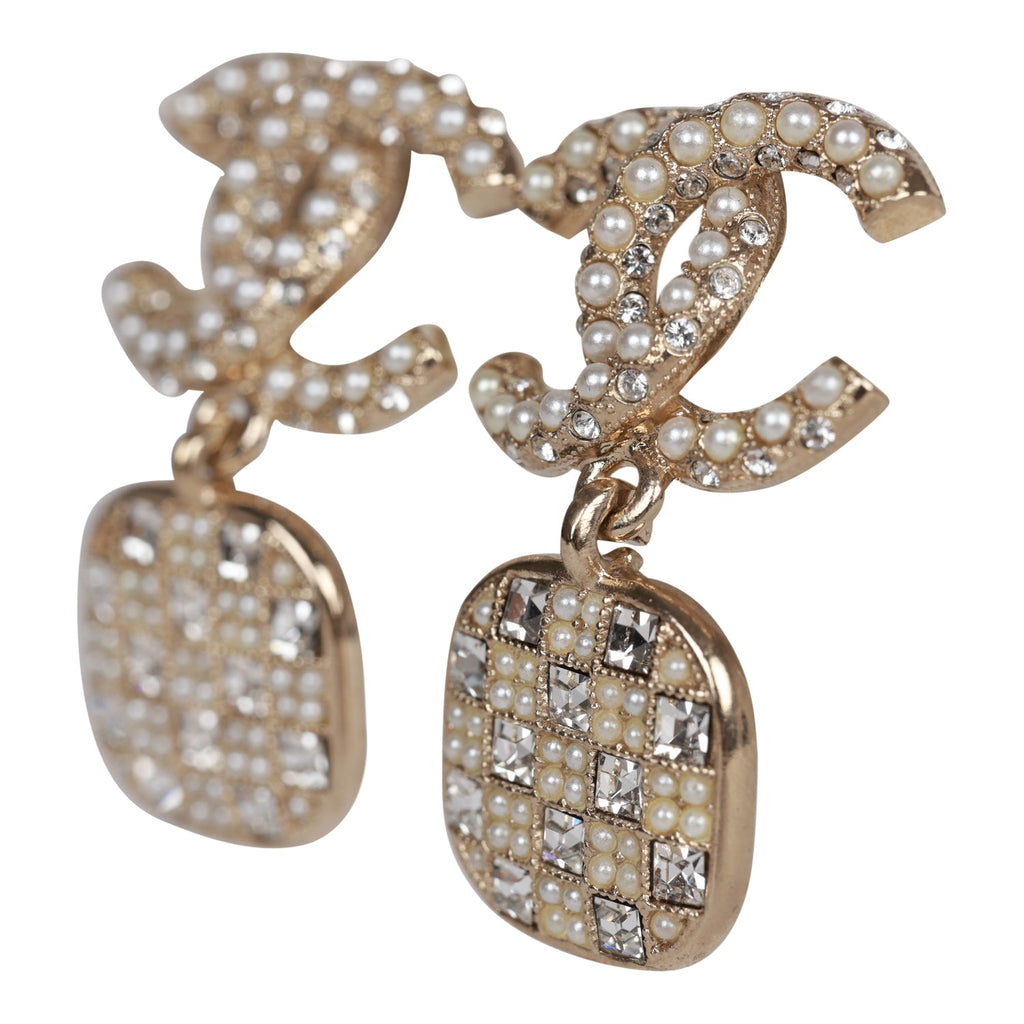 Chanel CC Faux Pearl Crystal Square Drop Earrings