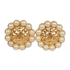 Vintage Chanel 24K Gold Plated CC Logo Pearl Circle Earrings