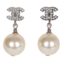 Chanel Silver CC Faux Crystal Pearl Drop Earrings