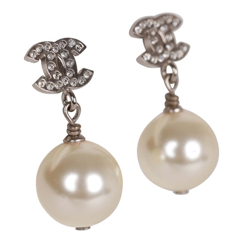 Chanel Silver CC Faux Crystal Pearl Drop Earrings
