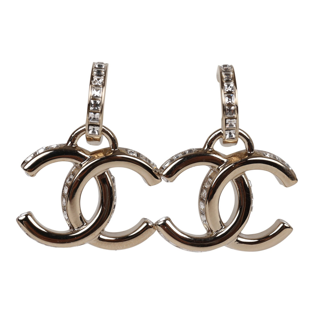 Chanel CC Black Crystal Silver Tone Drop Earrings
