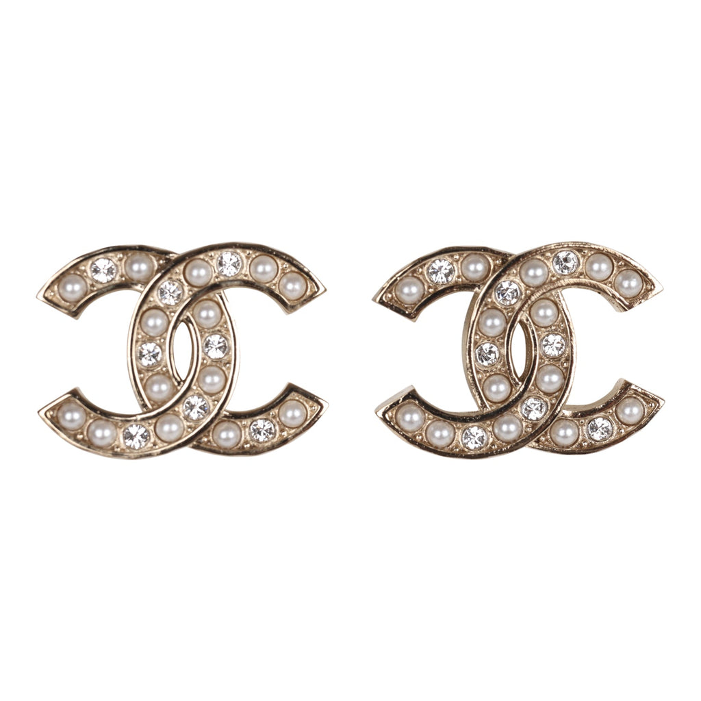 Chanel CC Faux Pearl Gold Tone Stud Earrings Chanel