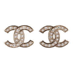 Chanel Gold Crystal and Pearl CC Stud Earrings