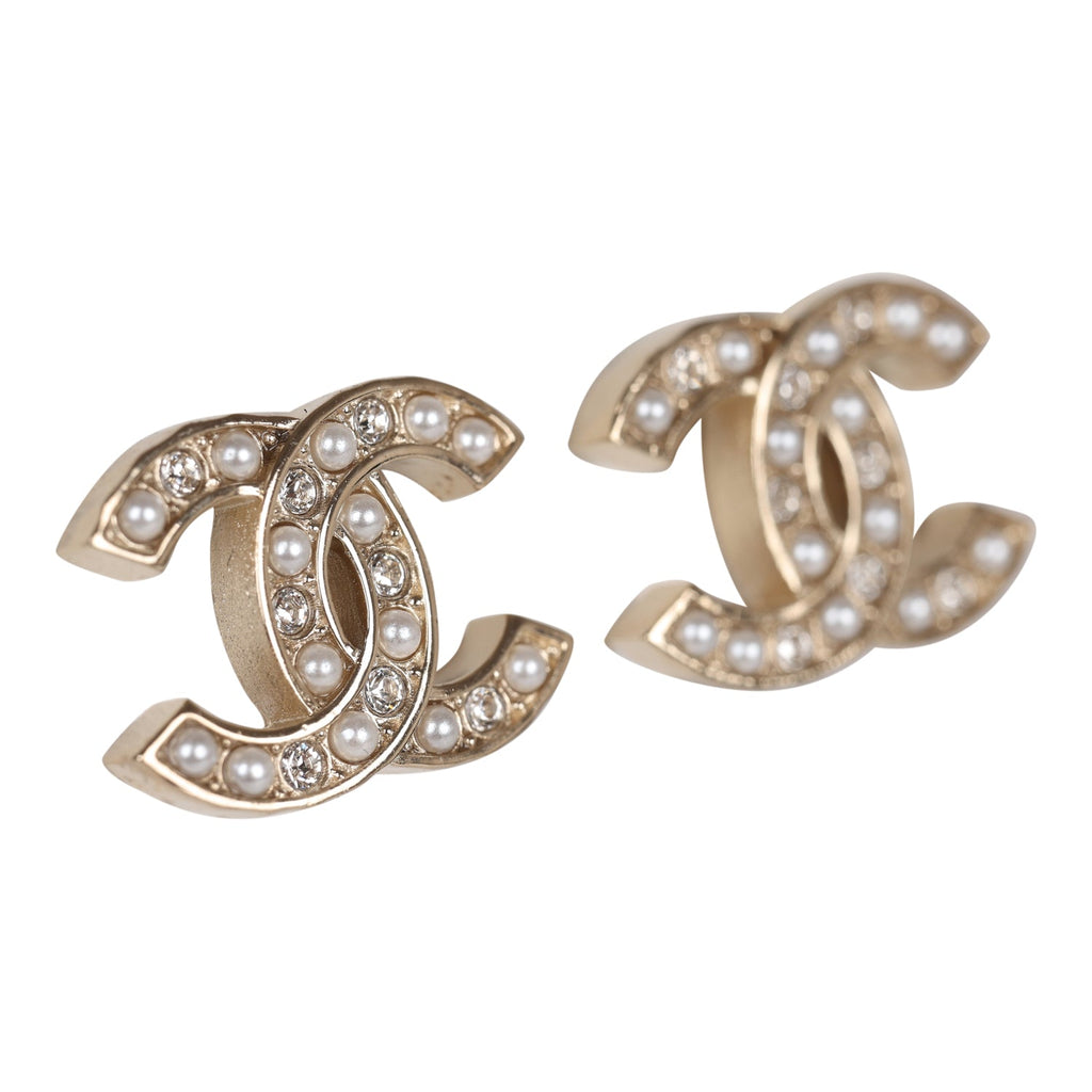 Chanel Gold Crystal and Pearl CC Stud Earrings