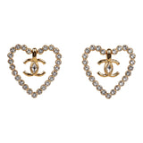 Chanel Heart Shaped Rhinestone Earrings With Gold Metal CC Drop