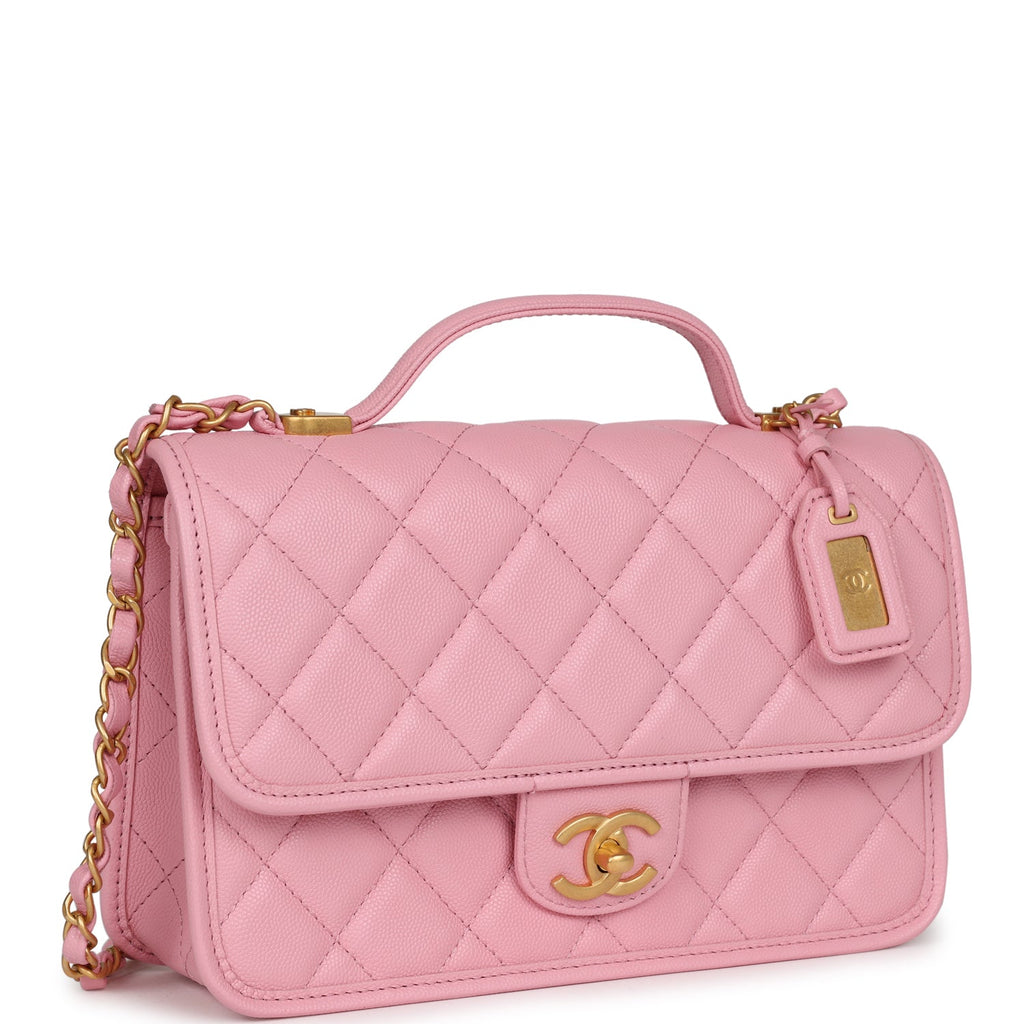 Chanel School Memory Top Handle Flap Bag Pink Caviar Antique Gold Hardware
