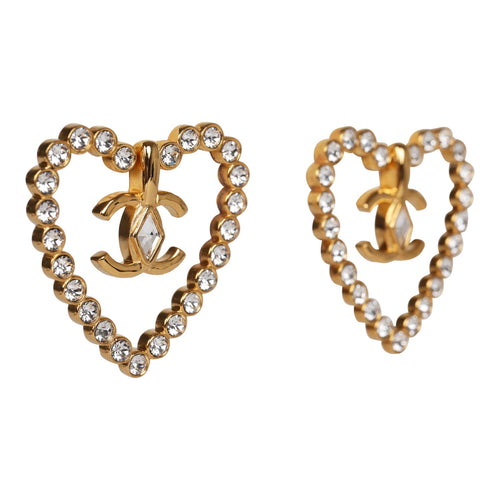 Chanel Heart Shaped Rhinestone Earrings With Gold Metal CC Drop