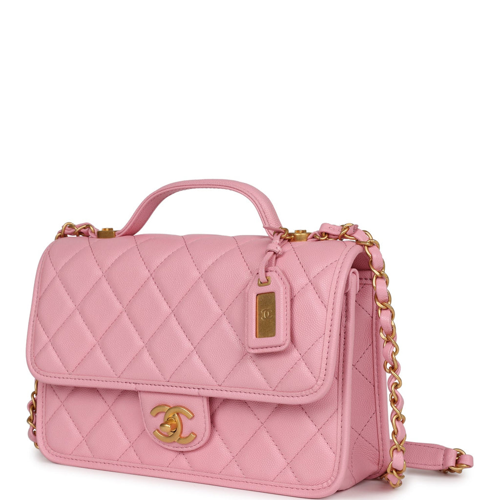 Chanel School Memory Top Handle Flap Bag Pink Caviar Antique Gold