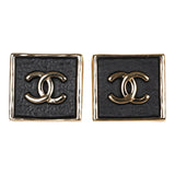 Chanel CC Logo Square Earrings Black Gold Metal
