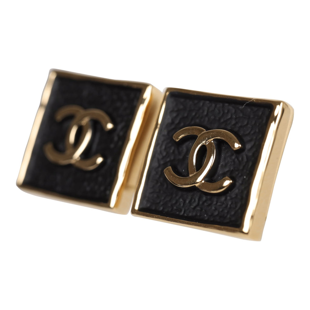 Chanel CC Logo Square Earrings Black Gold Metal